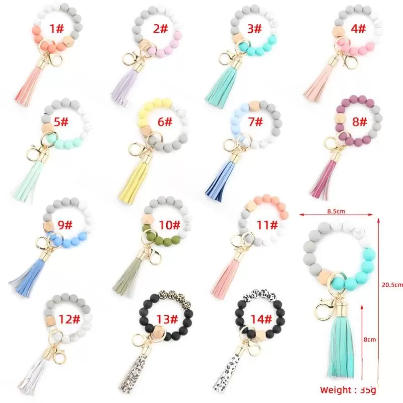 Fashion Silicone Bead Bracelets Beech Tassel Key Chain Pendant Leather Bracelet Women's Jewelry 14 Style
