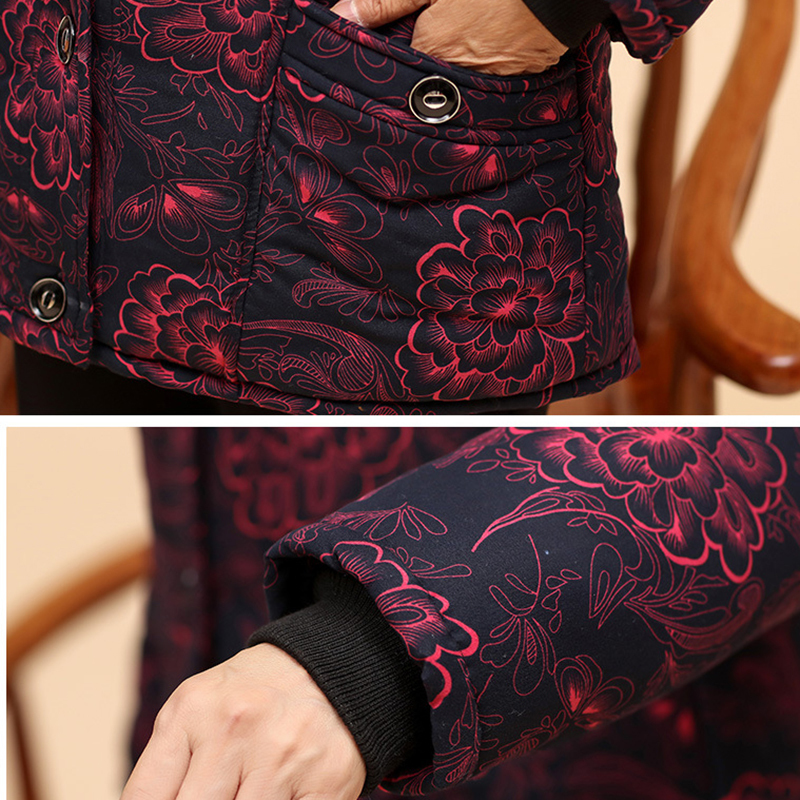 Casual Prints Long Sleeve Hooded Jackets For Elderly Women Winter Warm Cotton Padded Coats Plue Size Ladies Outerwear Parkas 201027