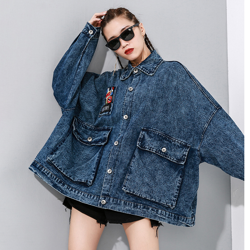 EAM Loose Fit Blue Denim Split Joint Oversized Big Size Jacket Lapel Long Sleeve Women Coat Fashion Spring 1N897 201017