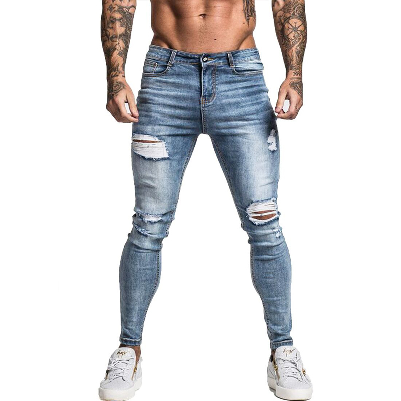 Gingtto Men Jeans Skinny Stretch Repaired Jeans Light Blue Hip Hop Distressed Super Skinny Slim Fit Cotton Comfortable Big Size 201223