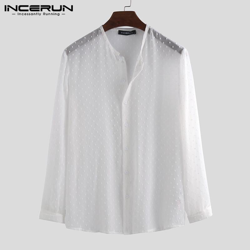 INCERUN Solid Color Shirt Men Streetwear Jacquard Casual Long Sleeve Handsome Thin Blouse Fashion Dress Shirts Men S-5XL 2020