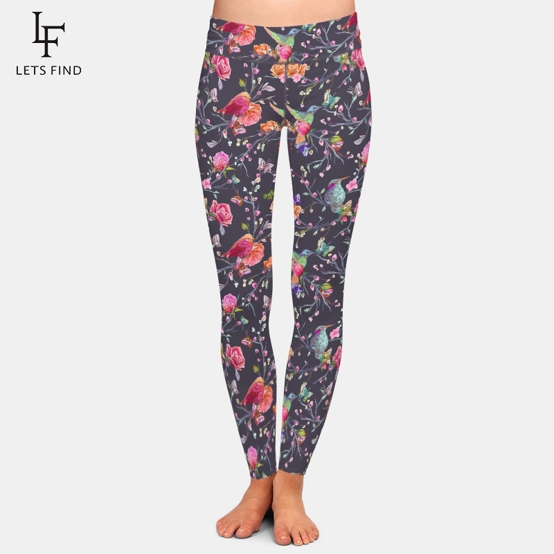 

LETSFIND Birds Butterflies and Flowers Digital Printing Women High Waist Leggings High Elastic Plus Size Soft Fitness Pants 201203, Multi