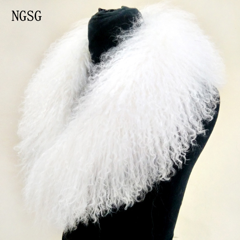 NGSG Women Real Fur Collar Solid Black Natural Genuine Mongolian Sheep Wool Scarf Coat Winter Customize Multicolors Y201007
