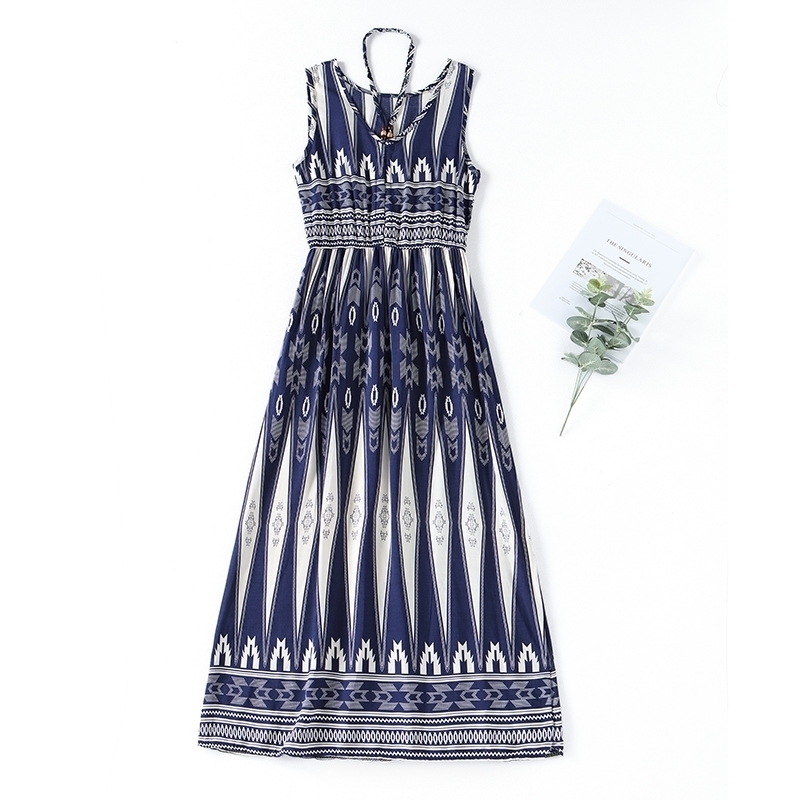 Summer New Vintage Ladies Fashion Blending Bohemia Printed Halter Vneck Midcalf Dres Beading Aline Dress T200526