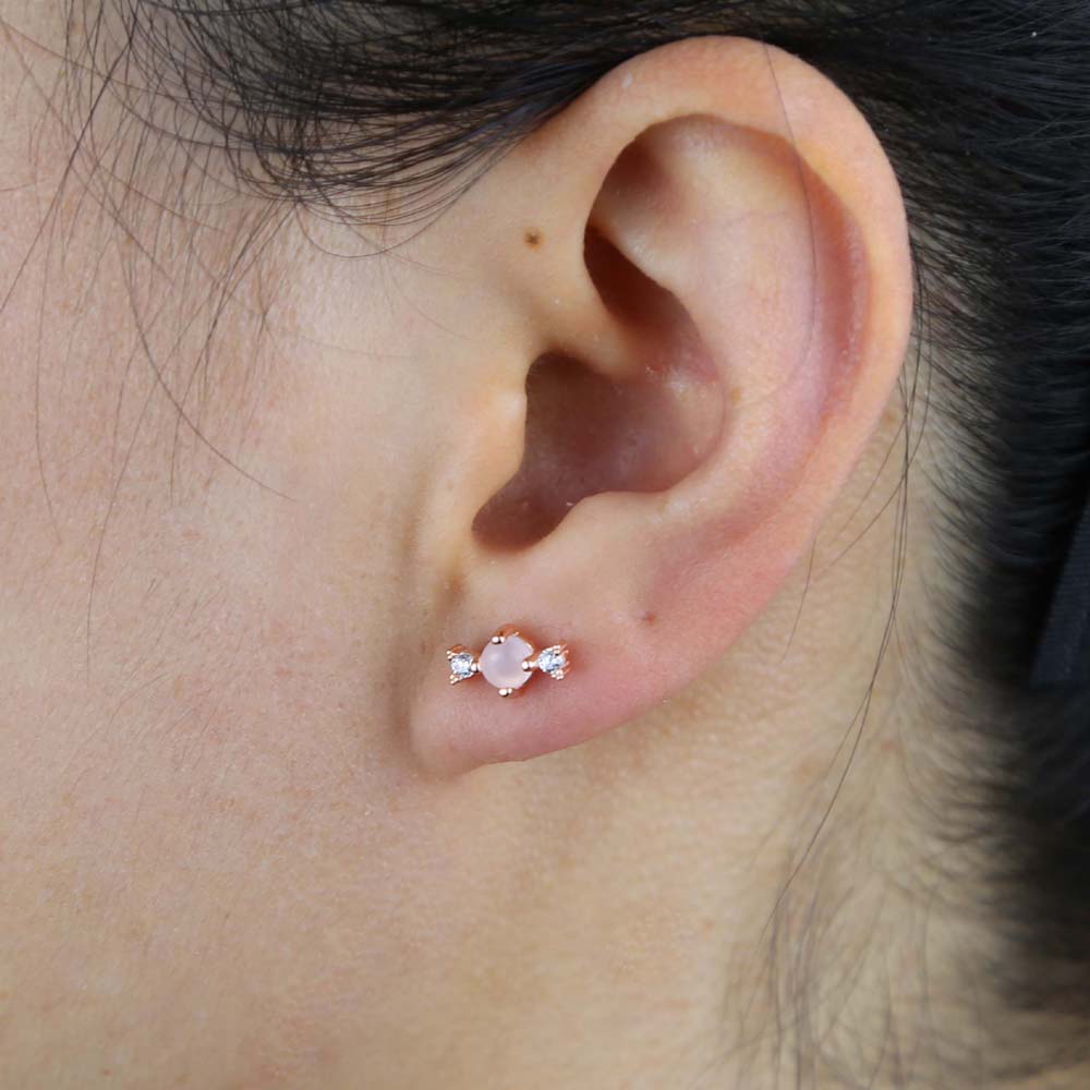 Fashion 925 sterling silver pink heart cup nail charm stud earring with rose gold color plated mini cute earrings for women girl
