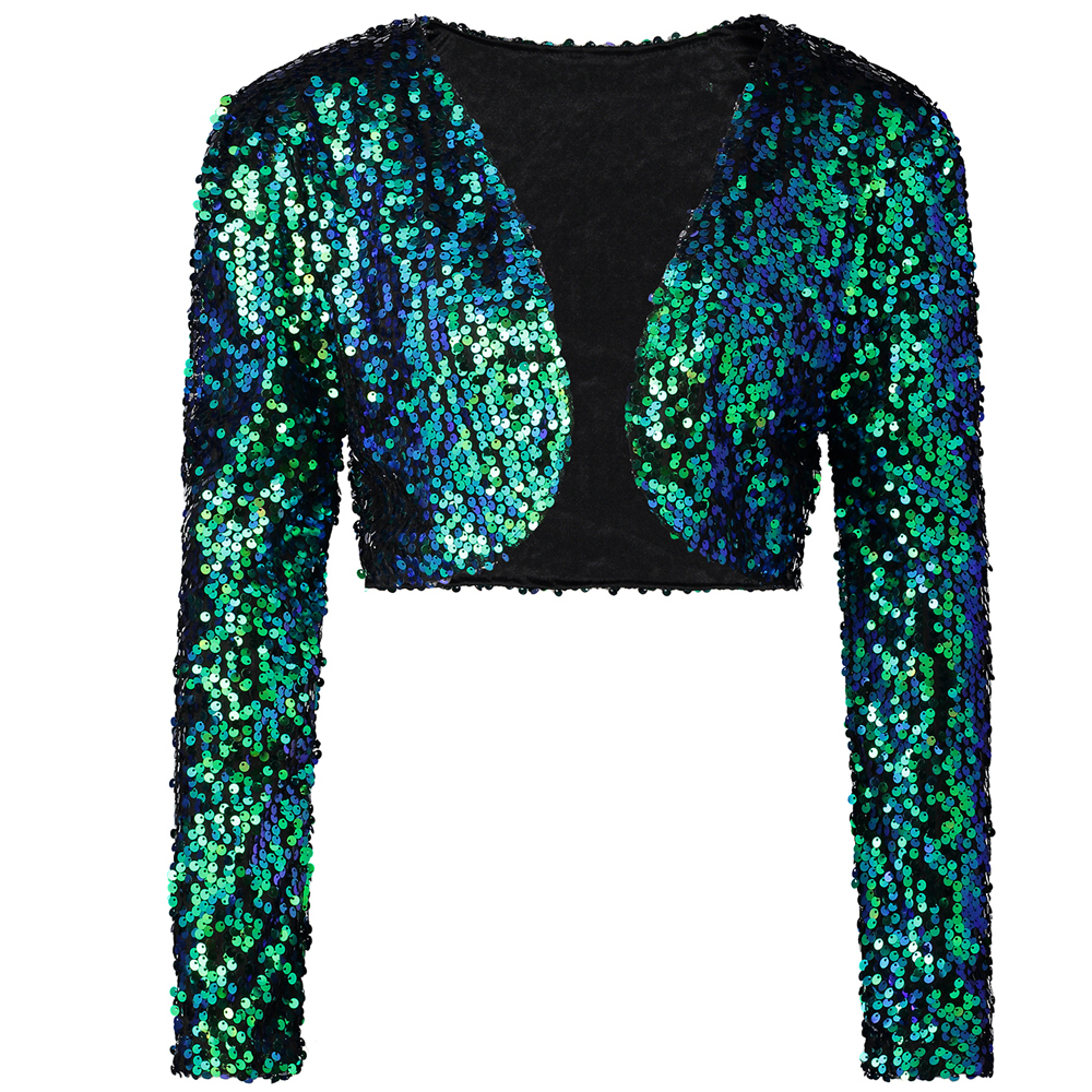 Sparkly Sequin Cardigan Jacket For Women, Short Cropped Bolero Shrug With Open Front, V-Neck, Long Sleeve, Clubwear, Party, Evening, Dance Performance
