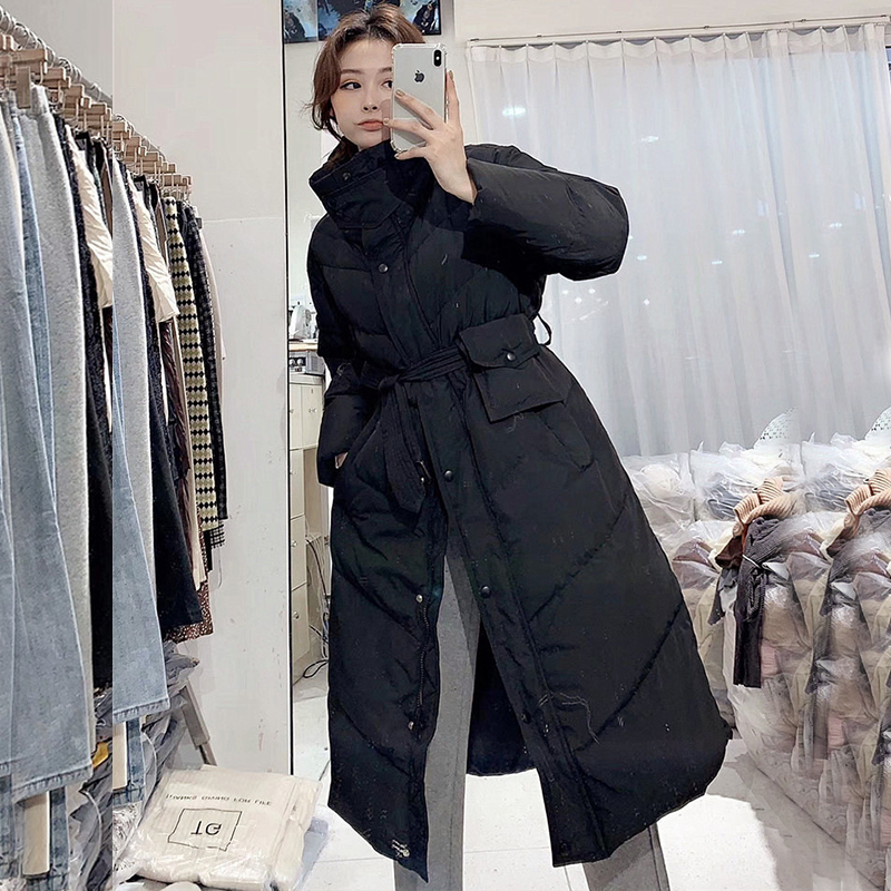 Fitaylor Winter Stand Collar Long Puffer Jacket Women 90% White Duck Down Coat Casual Loose Thick Parkas Belt Warm Snow Outwear 201202