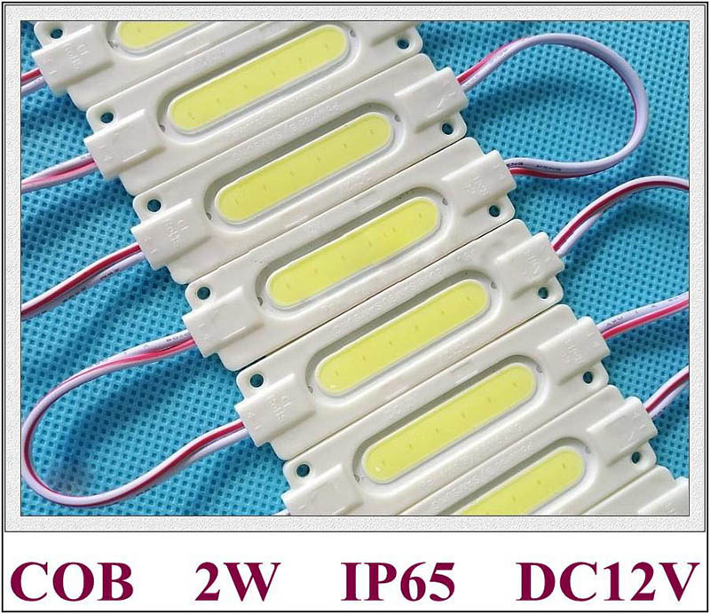 Waterproof COB LED module light with DC12V 2W single LED, IP65 rated, CE and ROHS certified, measuring 70x20mm in aluminum and ABS housing