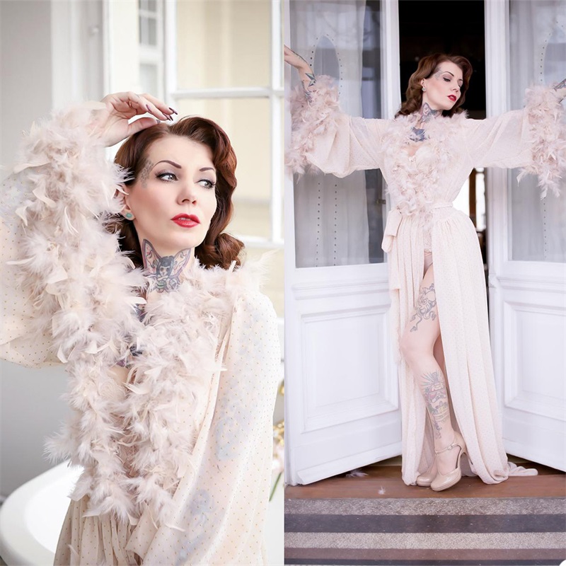 Beige Night Gown Ostrich Feather Dot Pajama Bathrobe Bride Sleepwear V Neck Long Sleeves Robes Custom Made Girl Sleepwear Dresses