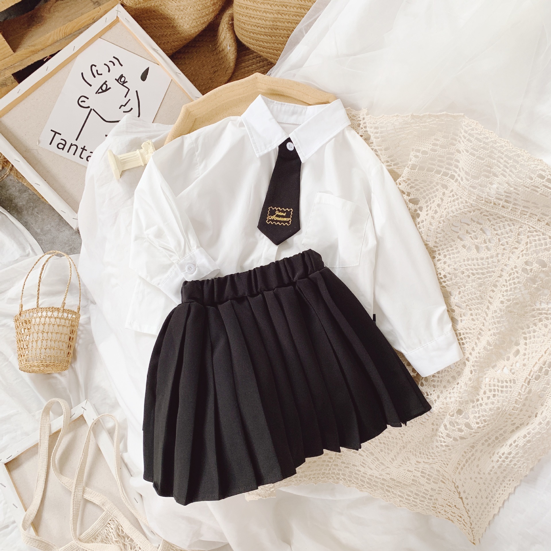 Thunderers Autumn Girls Clothes Suit Preppy Style Tie Blouse Pleated Skirt Two-piece Clothing Set For 3-7 YearsX1019