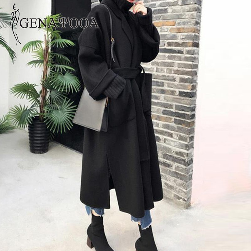 Genayooa Winter Elegant Wool Blend Women Korean Style Black Long Coats Vintage Minimalist Woolen Overcoat Camel Oversize 201112