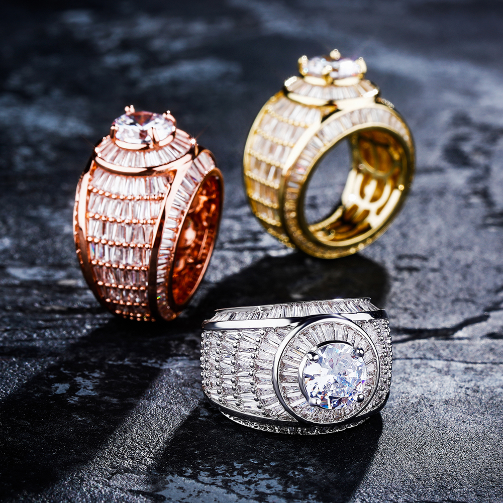Hip Hop Baguette Cluster Uced Out CZ Cubic Zirconia Fing Rings High Quality White Gold Bling Bling Ring Fashion Bague Jewelry Gift fort Men