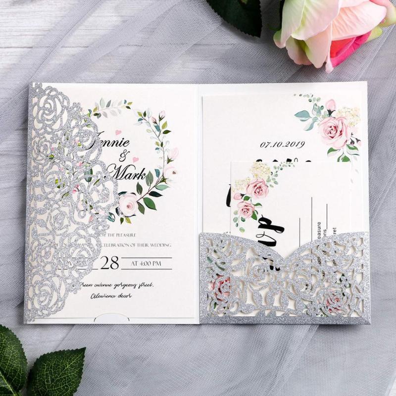 Rose Gold Sliver Glitter Laser Cut Wedding Invitation Cards for Wedding Bridal Shower Baby Shower Party Supplies 50pcs1
