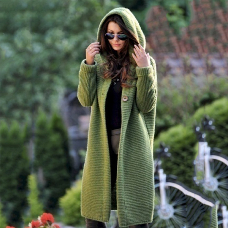 Women's Sweaters Winter Fashion Loose Knitted Sweater Female Autumn Long Cardigans Single Breasted Hooded Coat Plus Size 201031