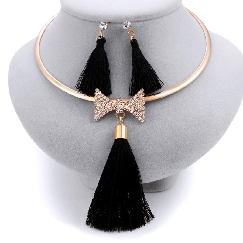 Earrings & Necklace Wedding Jewelry Set Crystal Bow Gift For Women's Accessories Drop Gold Chain Tassel Sets, As pic