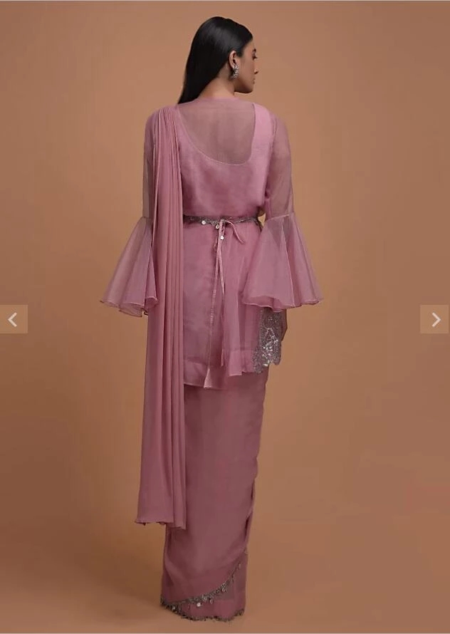 Thulian Pink Ready Pleated Saree Topped With Organza Jacket Having Bell Sleeves 2022 bling bling indian evening prom dresses