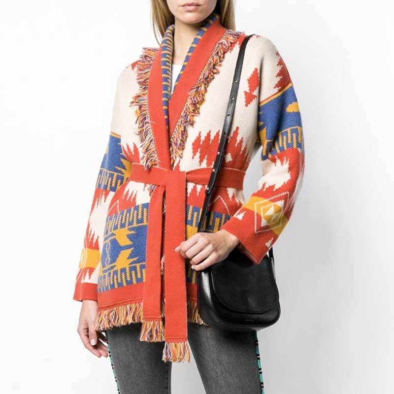 Boho Inspired Cashmere jacquard cardigan for women fringed trims long sleeve cardigan sweater coat winter belted sweater women 201017