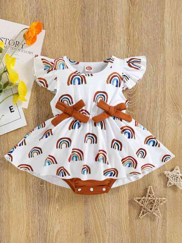 Baby Rainbow Print Ruffle Sleeve Bow Front Combo Bodysuit Dress SHE
