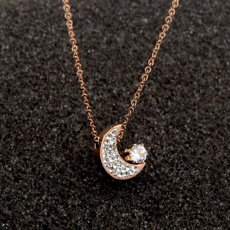 New And Delicate Crescent Moon Crystal Pendant Necklace For Women Titanium Steel Gold and Rose Gold Color Jewelry Necklace
New And Delicate Crescent Moon Crystal Pendant Necklace For Women Titanium Steel Gold and Rose Gold Color Jewelry Necklace