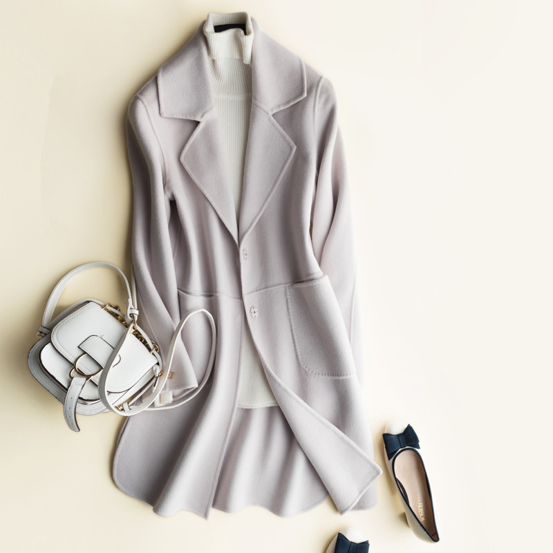 High Quality Autumn Winter Double-Sided Cashmere Coat Women Jacket Long Slim Wool Suit Collar Solid Cardigan Female Outwear T200315