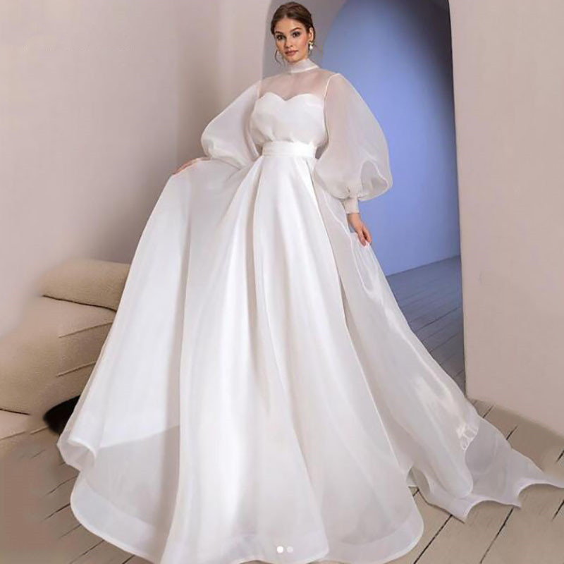2022 A-Line Wedding Dresses High-neck Poet Long-Sleeves Custom made Floor-length Big-Bow Bridal Gowns