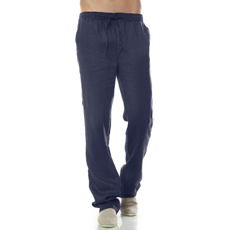 Summer Leisure Trousers 6 Colors 100% Linen Cotton Elastic Waist Men Pants Regular Straight Bottom Flax Men Casual Pants 201128