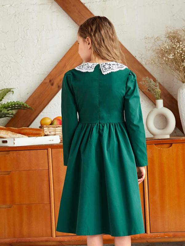 Girls Contrast Guipure Lace Peter Pan Collar Dress SHE