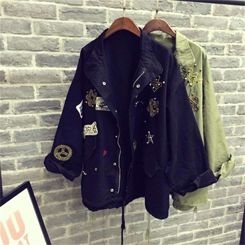 Casual Bomber Jacket Embroidery Applique Rivets Oversize Women Army Green Cotton Coat Y201006
