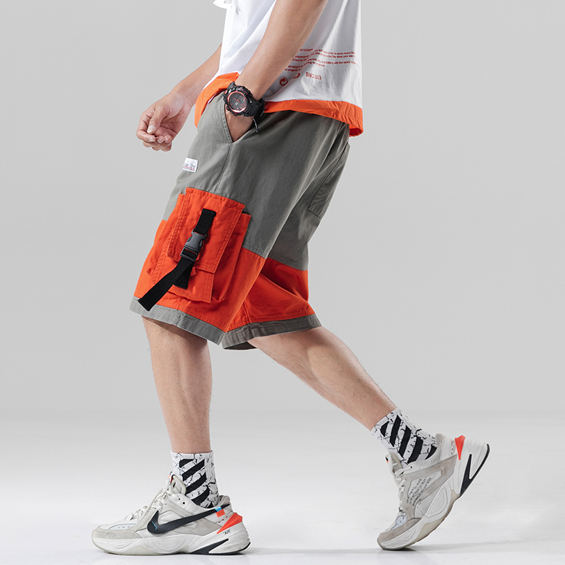 Streetwear Summer Casual Shorts Men Fashion Ribbons Pockets Cargo Shorts Bermuda Knee Length Patchwork Men's Shorts T200512
