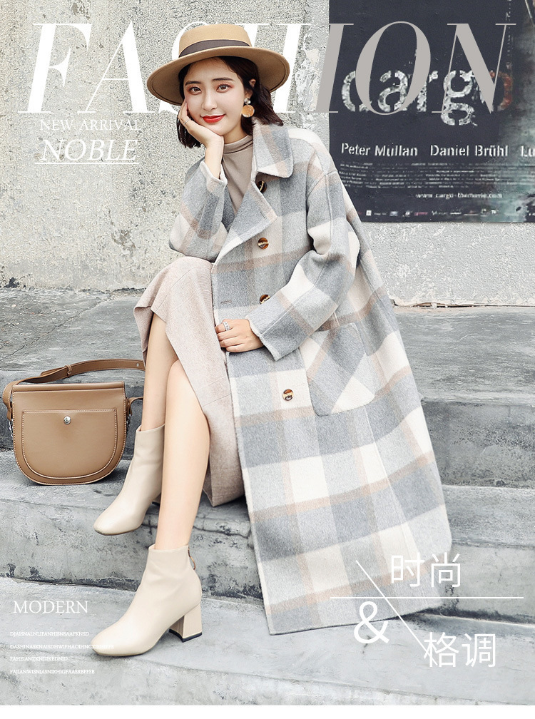 Sweet Plaid Long Coat for Women Wide-waisted Wool Coat and Jacket Turn-down Collar Pockets Women Clothes 201103