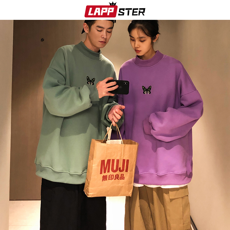 LAPPSTER Oversized Men Butterfly Embroidery Hoodies Pullover Mens Japanese Harajuku Hoodie Male Fleece Black Sweatshirts 201113