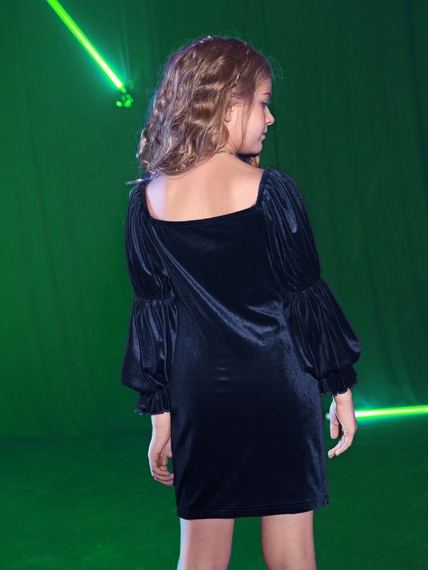 Girls Square Neck Velvet Dress Without Belt SHE01