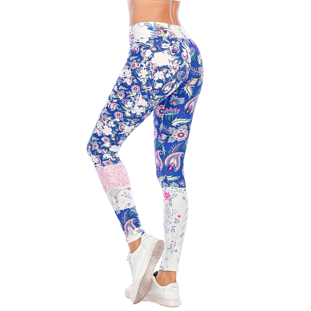 Zohra Sexy Women Blue Floral Stitching Printed Fitness leggins Fashion Slim legins High Waist Leggings Pants 201203