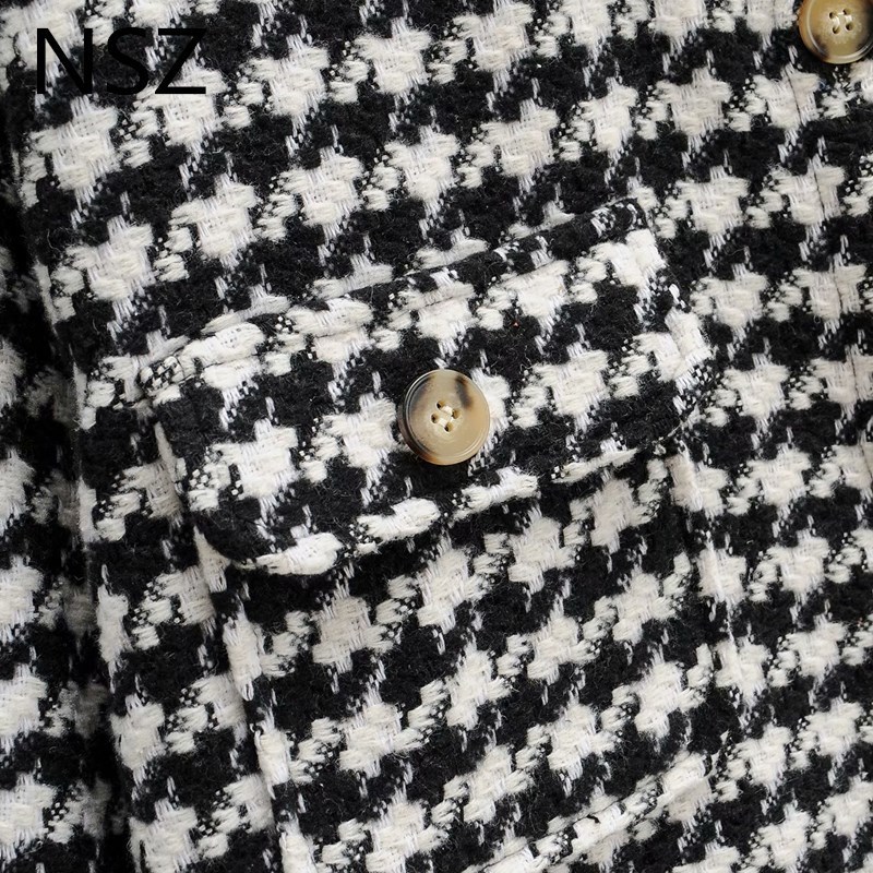 NSZ women black and white houndstooth oversized tweed jacket woolen blend plaid shirt coat checked overshirt outerwear fall 201023