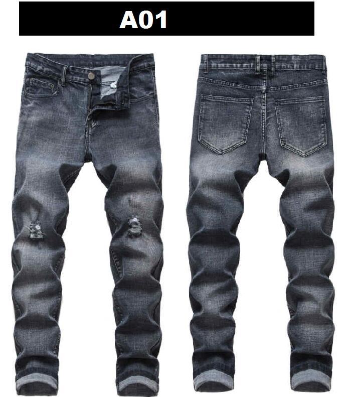 Men's Ripped Denim Jeans Straight Slim Fit Hip-Hop Patch Trousers - Multiple Colors, Non-Stretch, Style B2