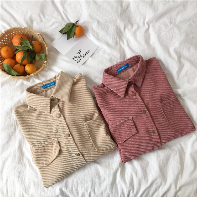 Corduroy Shirt Coat Women Fashion Long Sleeve Preppy Wide Waist Turn Down Collar Crop Jacket Women Harajuku Casual Pocket Jaket T200212
