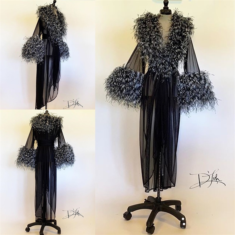 Luxury Night Gown Fur Ruffles Tulle Pregnant Dress Bride Sleepwear Fashion Long Sleeves Robes Custom Made Women Sexy Sleepwear Dresses