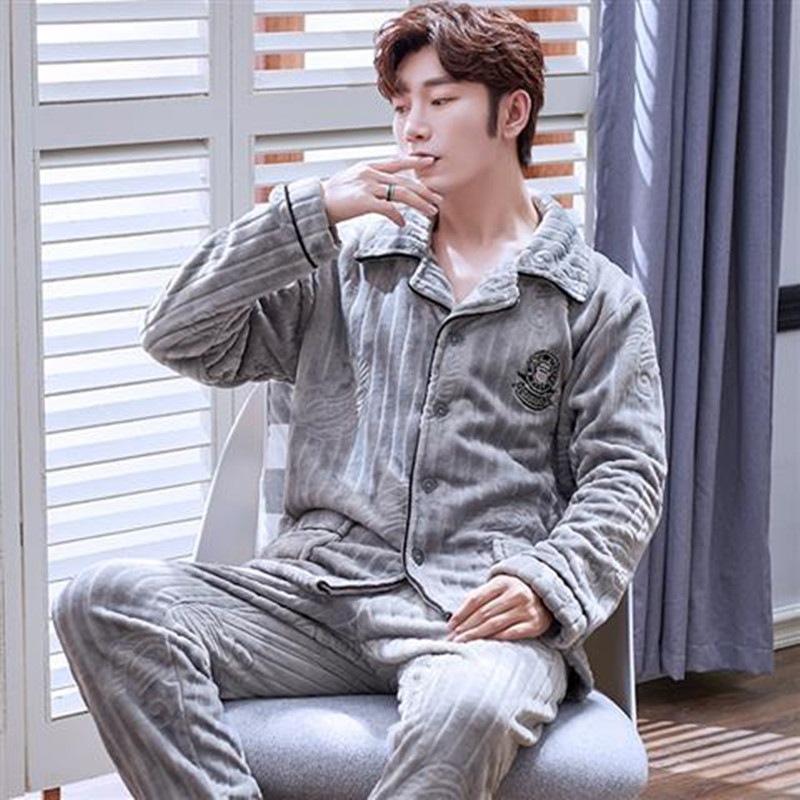 Man Casual Homewear Warm Sexy Stripe Solid Color Pajamas Winter New Fashion Thick Flannel Father Sleepwear 201109