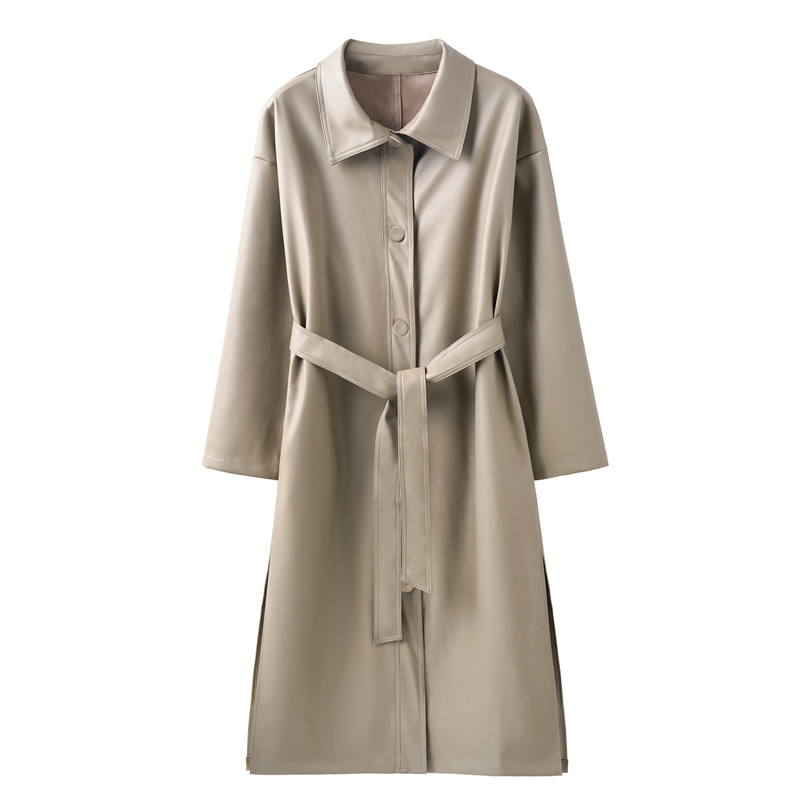 Nerazzurri Autumn long leather trench coat for women long sleeve belt button faux leather raincoat women plus size fashion 201226