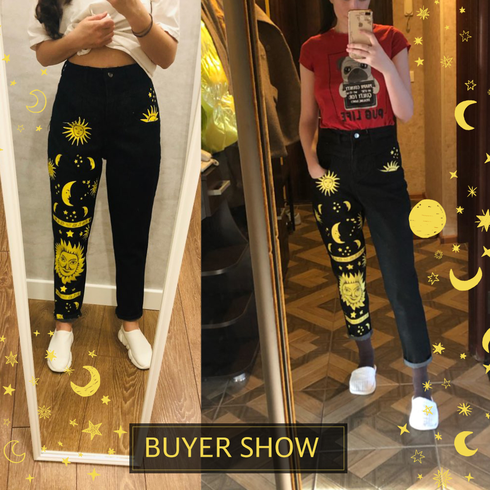 Fashion Sun Star Printed Pants Jeans Women Autumn Black High Waist Young Girls Chic Denim Trousers Woman Cool Boyfriends Jeans 201105