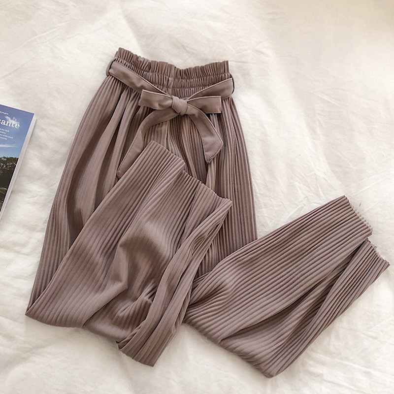 Bow Belt Pleated Loose Women's Wide Leg Pants High Waist Solid Elegant Female Trousers Spring AutumnCasual Ladies Bottoms 201106