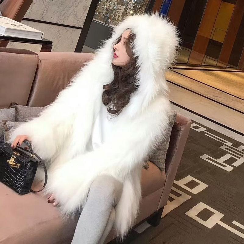 

Women Autumn Winter Faux Fur Bomber Coat Loose Imitation Mink Furry Hooded Jacket Flocking Cardigan Hair Tops Abrigos, Blue