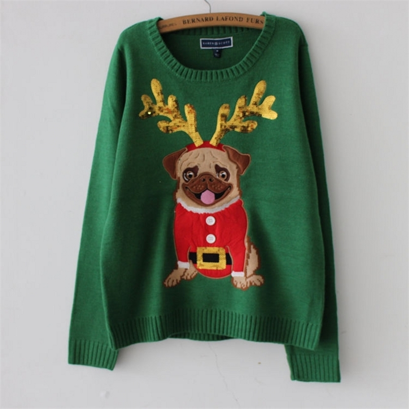 Ugly Sweater Christmas Sweater Women Green Pug Dog Embroidery Sequins Long Sleeve Pullover Knitted Jumper Tops M99591 201221
