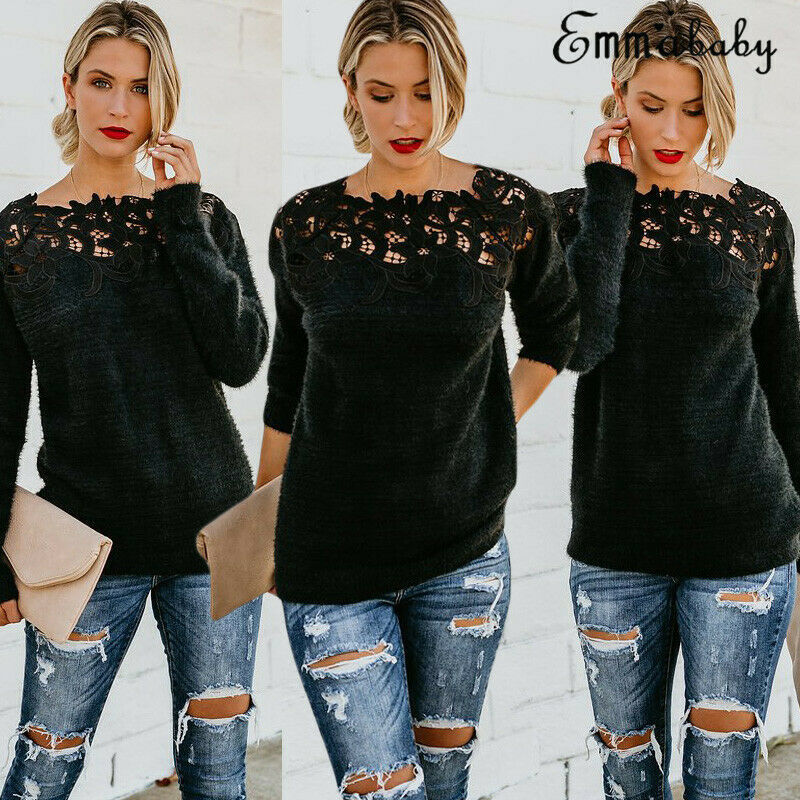 Womens Autumn Winter Warm Fluffy Sweater Tops Ladies Lace Jumper Pullover Blouse T200321