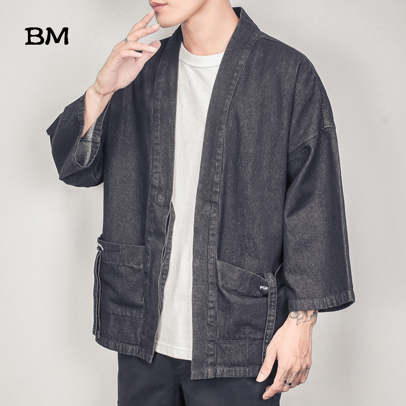 Japanese Loose Denim Kimono Fashion Plus Size Denim Jacket Men 5XL Chinese Style 3/4 Sleeve Hanfu Solid Color Oversized Cardigan T200502