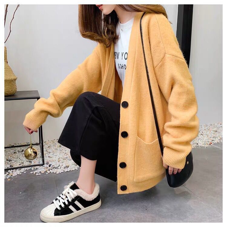 autumn and winter new women's knitted solid color buttons Korean loose top V-neck fashion temperament sweater cardigan 201111wtt