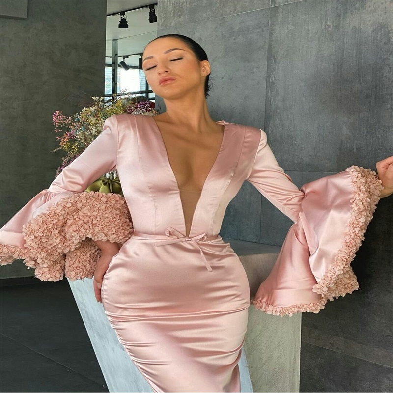 Sexy V Neck Evening Dresses Applique Ruffles Design Long Sleeves Prom Dresses Custom Made Soft Satin Fashion Formal Pink Party Gown Hot Sale