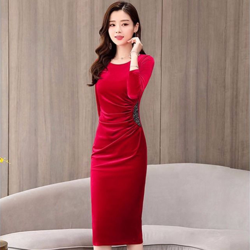 Lady Sexy Skinny Velvet Package Hip Dress Sequined Glitter Plus Size 3XL Slim Long Sleeve Midi Bodycon Women Casual Party dress 201125
