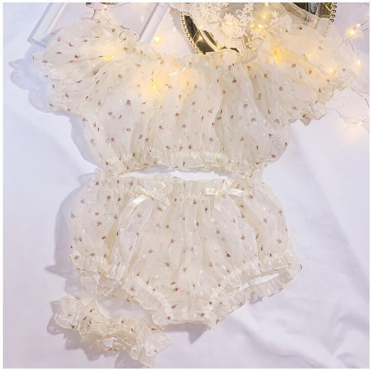 Pink Stitch Pajamas for Women Sexy Lingerie Sleepwear Pj Set Nightwear Shorts Chiffon Floral Sleep Wear Cute Lolita Home Clothes LJ200921