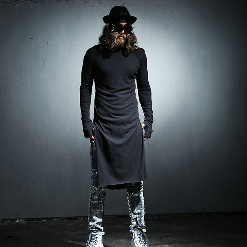 Mens spring and autumn solid color round neck doublesided open longsleeved super long Tshirt with gloves large size 201116